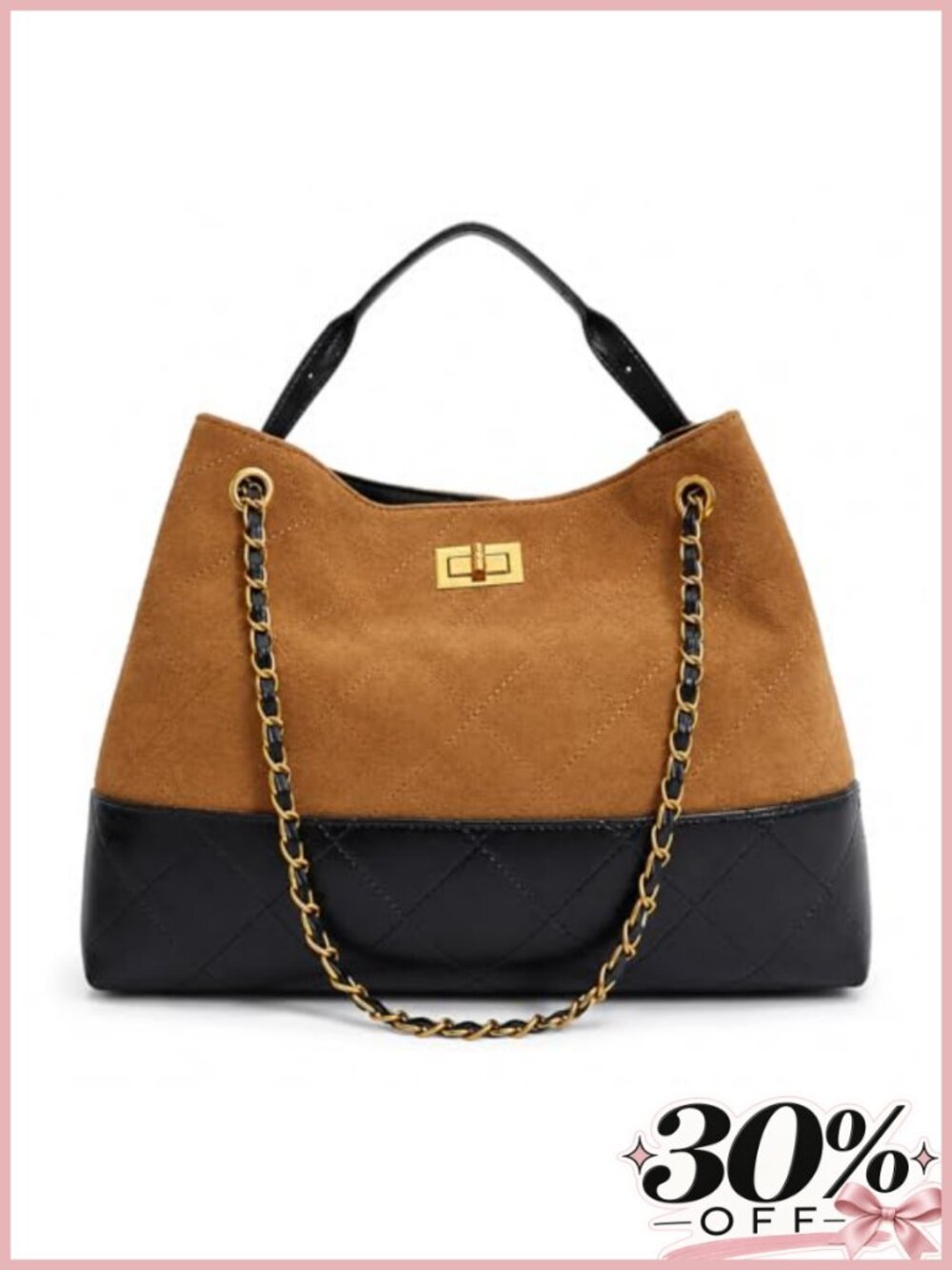 Quilted Faux Suede Tote Bag with Gold Tone Chain Strap